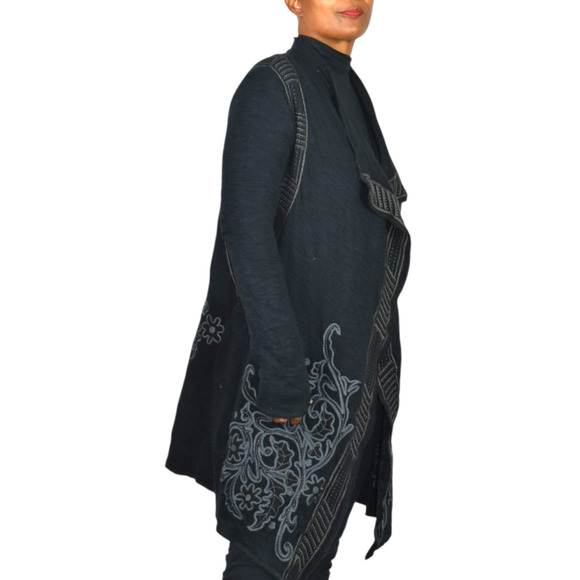 Paparazzi Biz Embroidered Asymmetric Cardigan Jacket Black Duster Cotton Medium - Picture 2 of 16